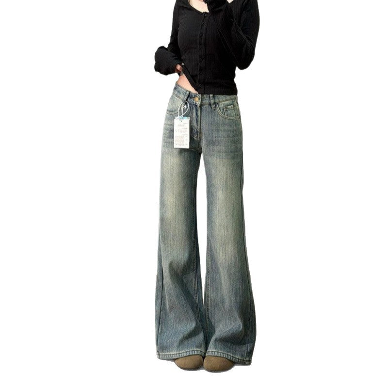 Vintage Washed Slub Flare Denim Jeans High Waist Slim Bootcut Pants