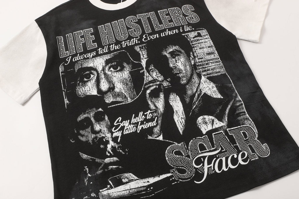 Life Hustlere Rhinestone Graphic Two-Tone T-Shirt