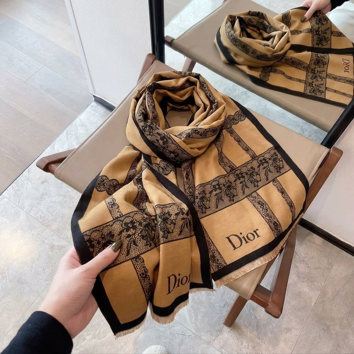 Dior Style Toile Fringe Scarf