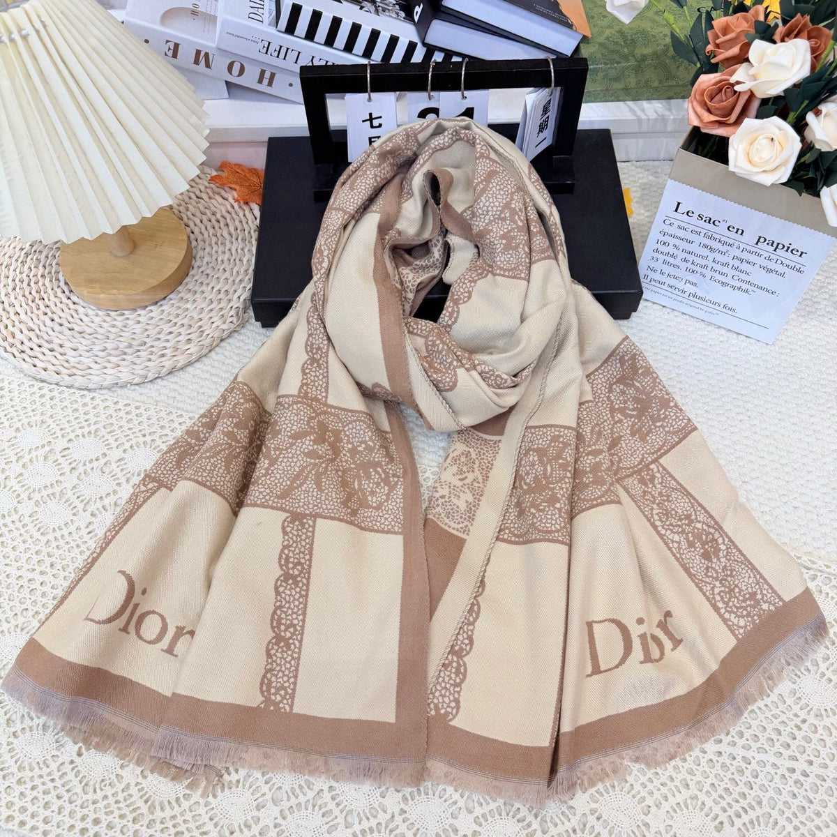 Dior Style Toile Fringe Scarf