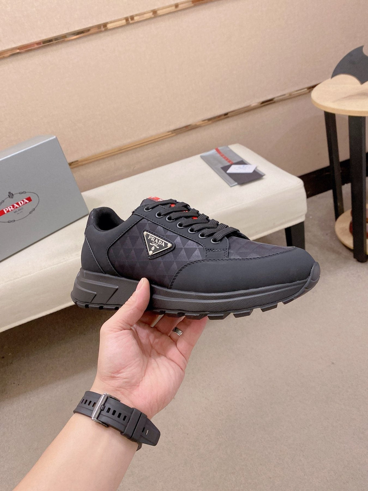Prada Men's Black Red-Accent Low-Top Sneakers