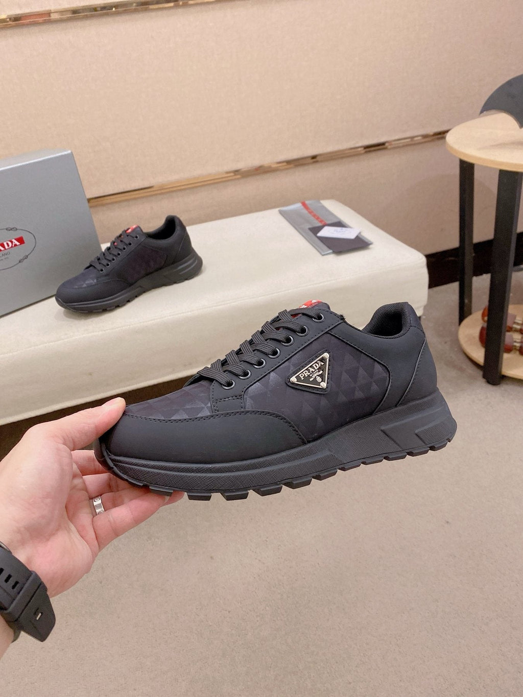Prada Men's Black Red-Accent Low-Top Sneakers