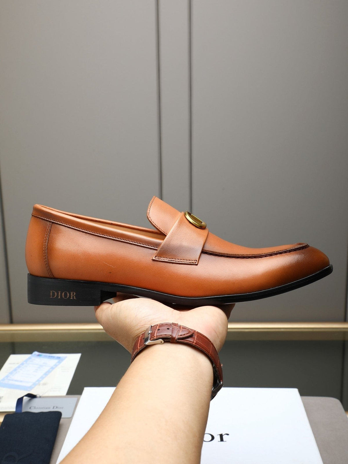 Dior Cognac Brown Gold-Hardware Loafers