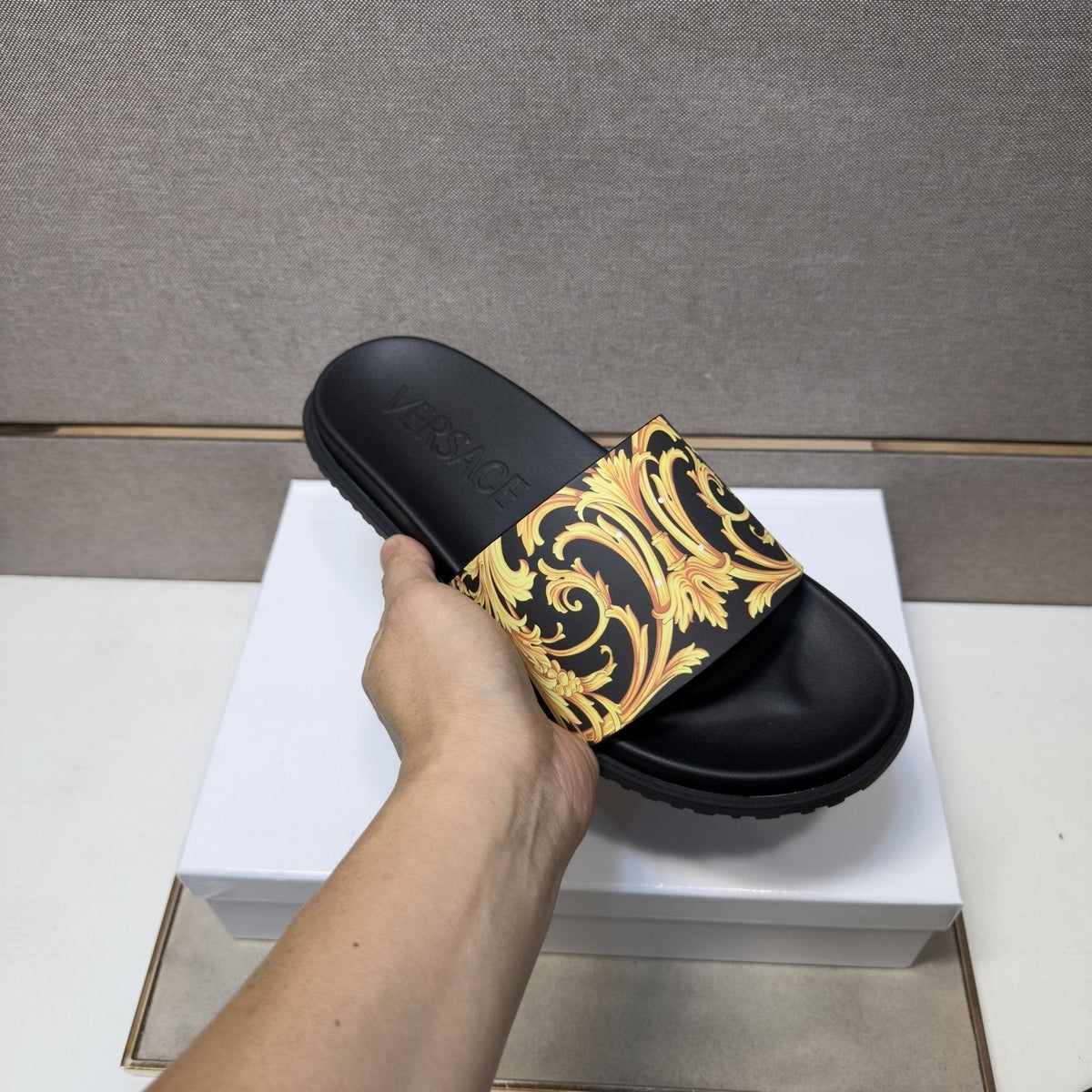 Versace Gold Patterned Strap Slide Sandals