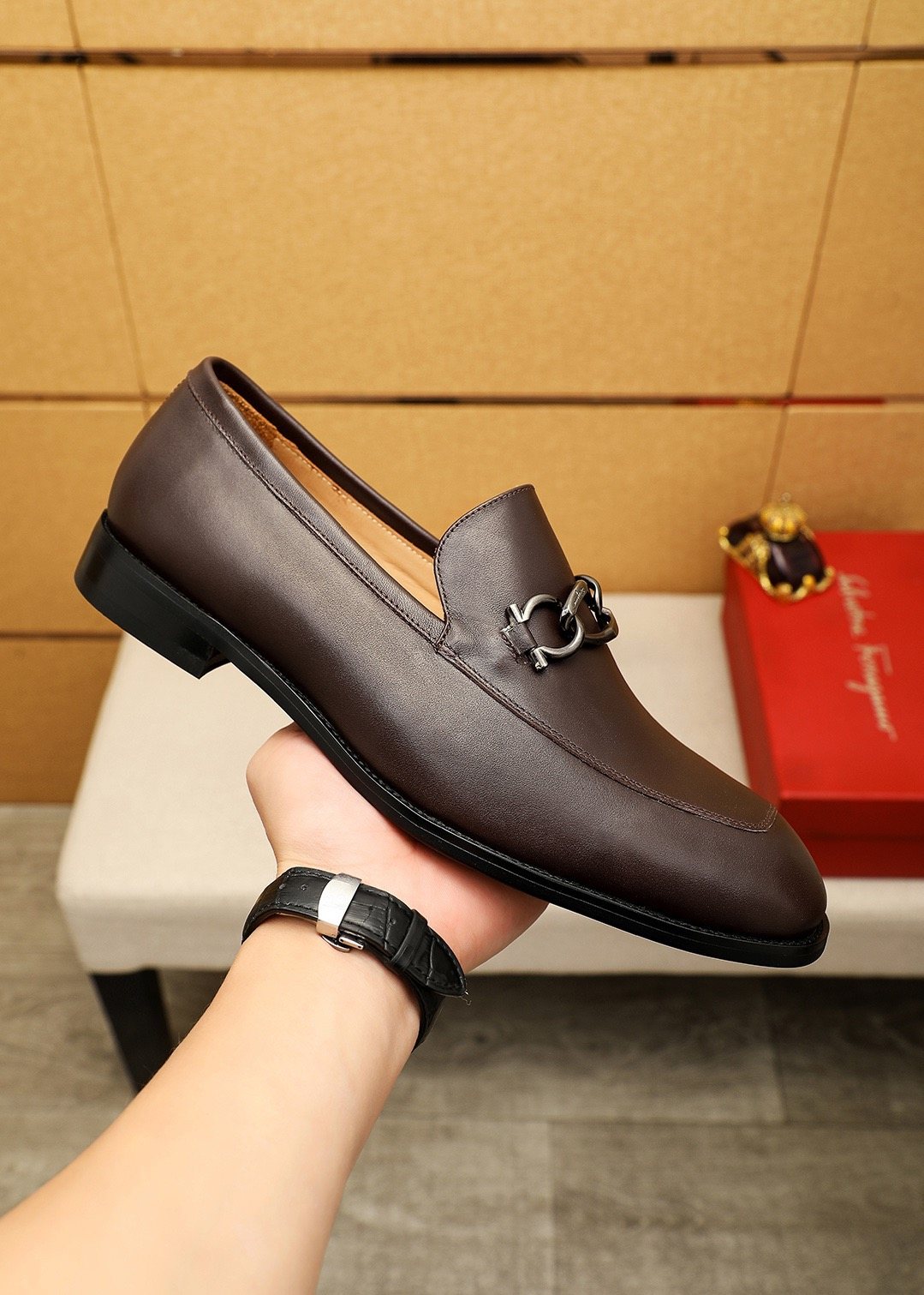 Ferragamo Brown Hardware Loafers