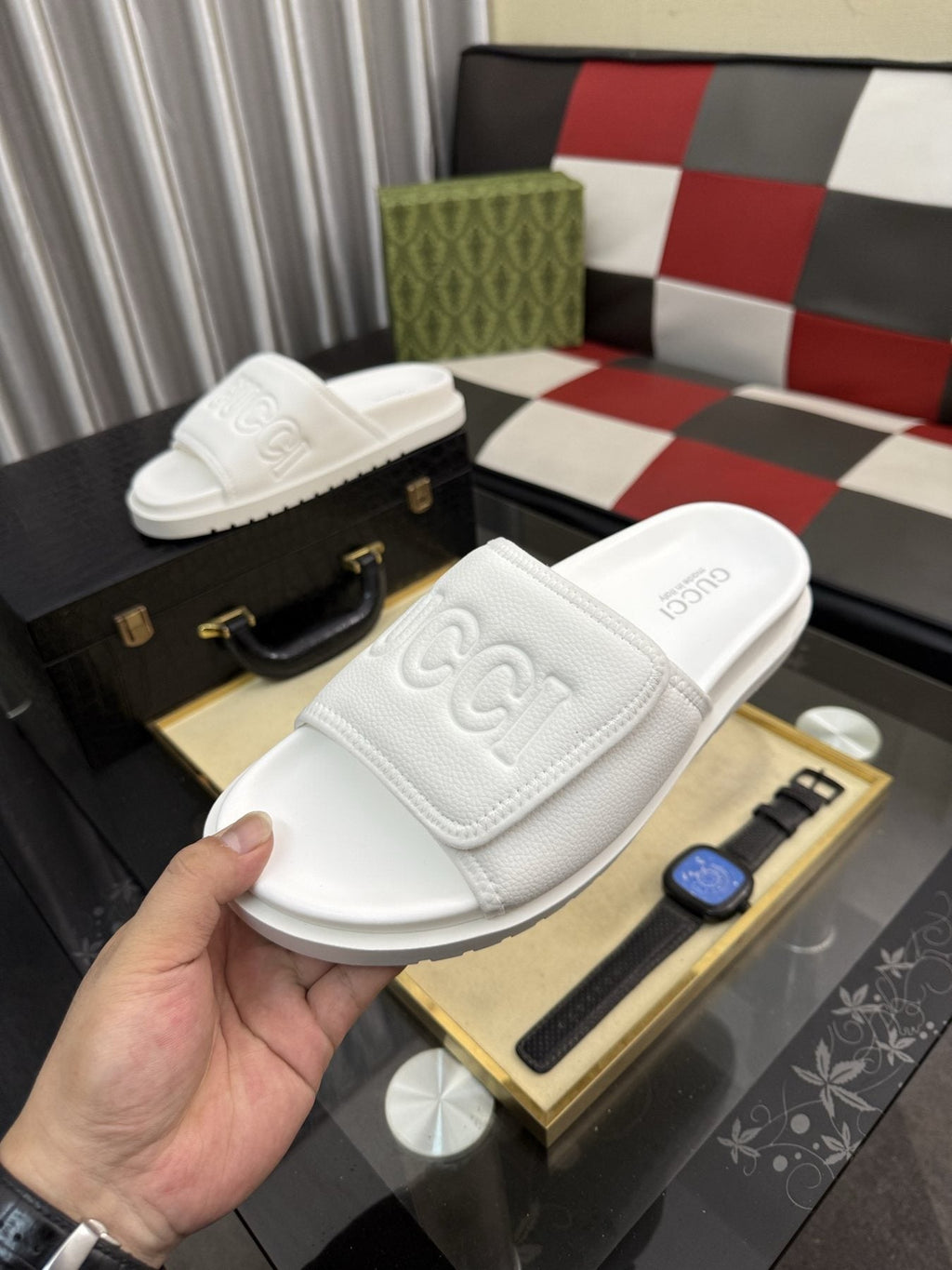 Gucci White Embossed Slide Sandals